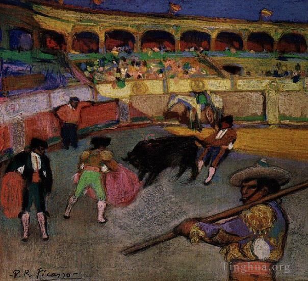 巴勃罗·毕加索 当代油画作品 -  《Taureau,轮胎,par,la,队列,1900》