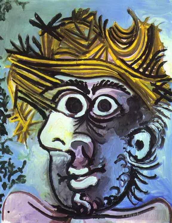 巴勃罗·毕加索 当代油画作品 -  《头戴头饰的男人与人,1971》