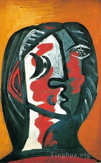 巴勃罗·毕加索 当代油画作品 -  《《Tete,de,femme,en,gris,et,rouge,sur,fon,ocre》,1926,年》