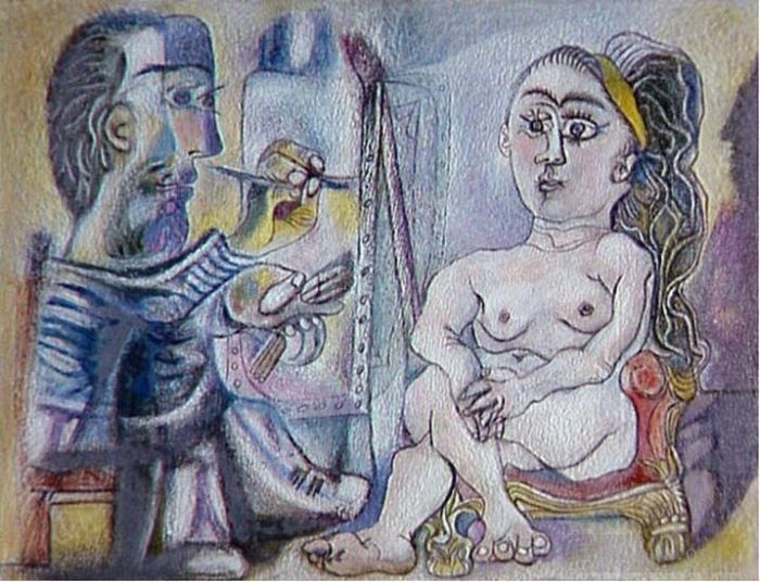 巴勃罗·毕加索 当代油画作品 -  《艺术家和他的模特,L,艺术家和儿子模特,6,1963》