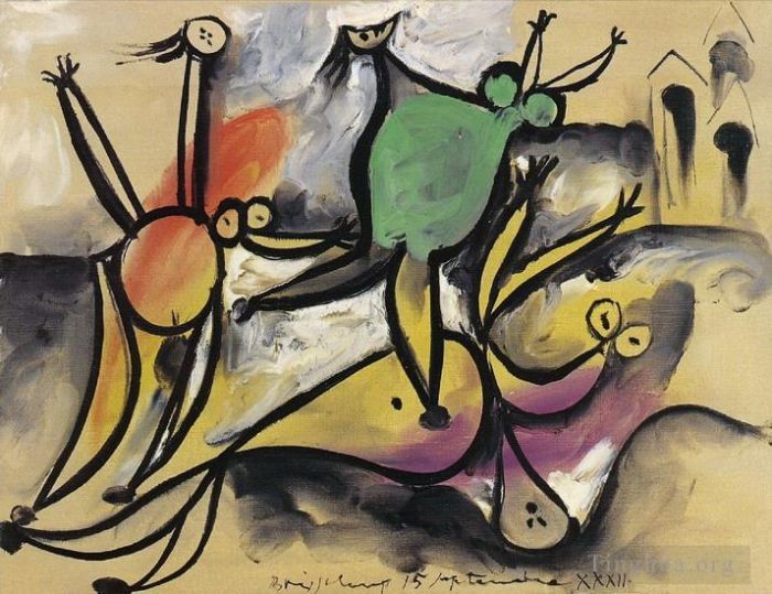 巴勃罗·毕加索 当代油画作品 -  《Trois,femmes,jouant,au,bord,de,la,mer,小屋,de,bain,1932》