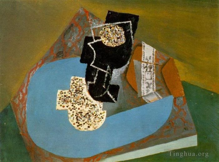 巴勃罗·毕加索 当代油画作品 -  《1914,年餐桌上的烟草混合物》