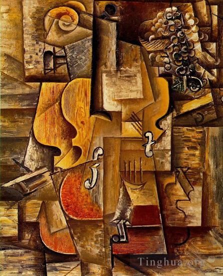 巴勃罗·毕加索 当代油画作品 -  《小提琴与葡萄干,1912》