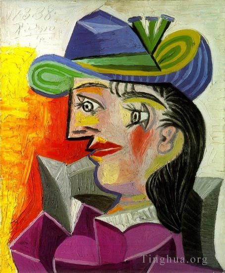 巴勃罗·毕加索 当代油画作品 -  《戴蓝帽子的女人,1939》