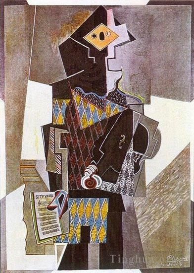 巴勃罗·毕加索 当代各类绘画作品 -  《Arlequin,吉他,Si,tu,veux,1918》