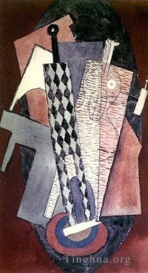 巴勃罗·毕加索 当代各类绘画作品 -  《Arlequin,租户,une,bouteille,et,femme,1915》