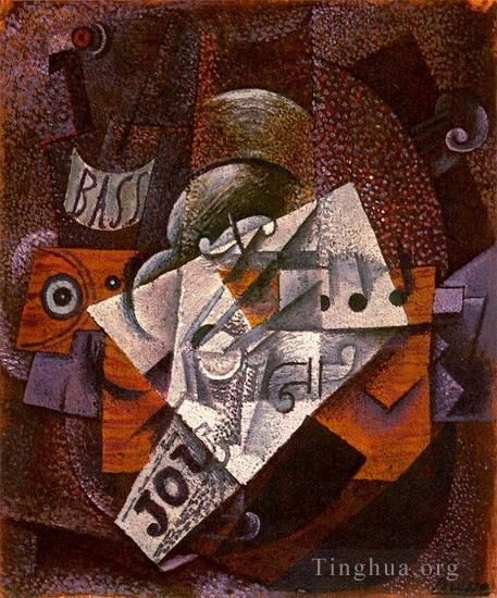 巴勃罗·毕加索 当代各类绘画作品 -  《Bouteille,单簧管小提琴日记,Verre,1913》