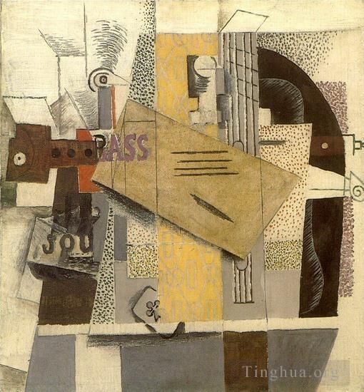 巴勃罗·毕加索 当代各类绘画作品 -  《Bouteille,de,Bass,单簧管吉他小提琴日记,as,de,trefle,Le,violon,1913》
