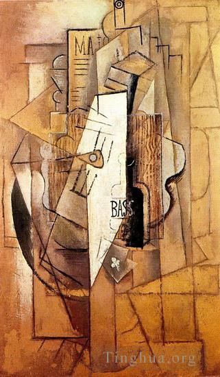巴勃罗·毕加索 当代各类绘画作品 -  《Bouteille,de,Bass,吉他谱,de,trefle,1912》