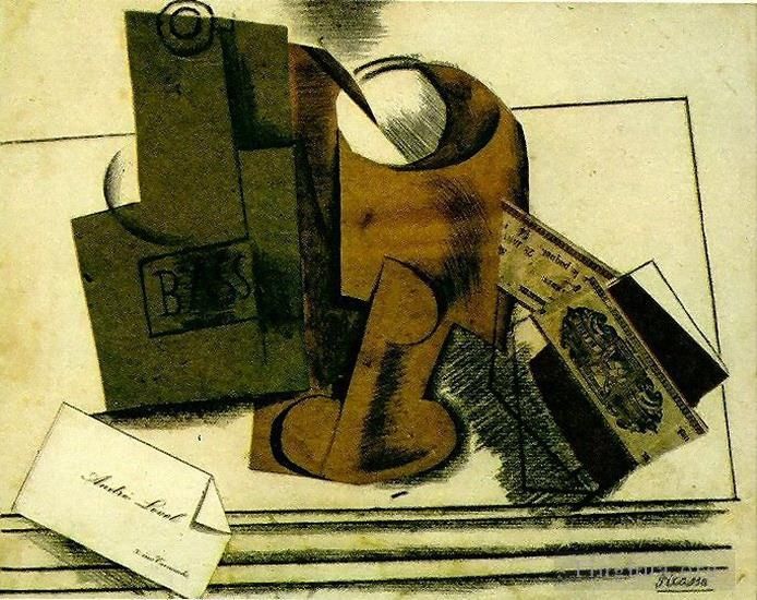 巴勃罗·毕加索 当代各类绘画作品 -  《Bouteille,de,Bass,verre,paquet,de,tabac,carte,de,Visite,1913》