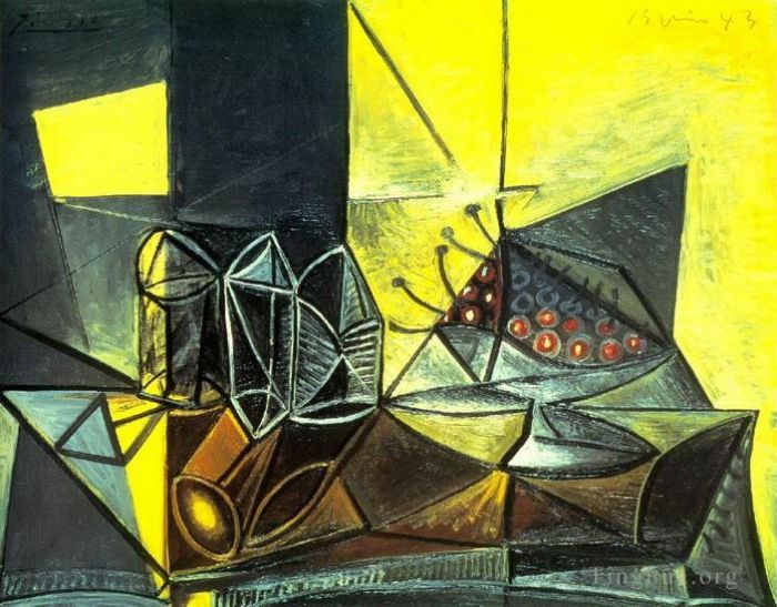 巴勃罗·毕加索 当代各类绘画作品 -  《自然自助餐,morte,aux,verres,et,aux,cerises,1943》