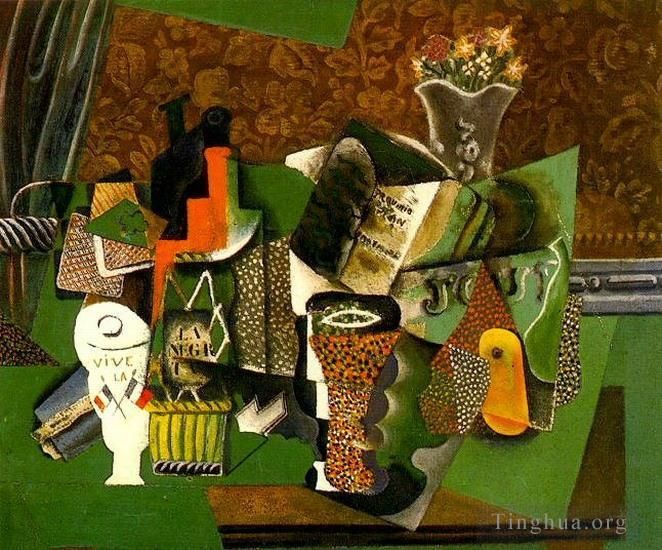 巴勃罗·毕加索 当代各类绘画作品 -  《Cartes,a,jouer,verres,bouteille,de,rhum,Vive,la,France,1914》