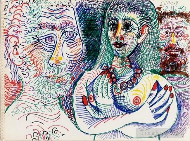 巴勃罗·毕加索 当代各类绘画作品 -  《两个男人和一个女人,1970》