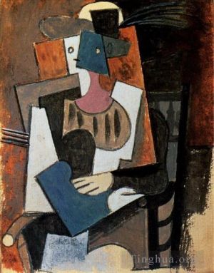 巴勃罗·毕加索的当代艺术作品《1919,年，带羽饰的女士起首》