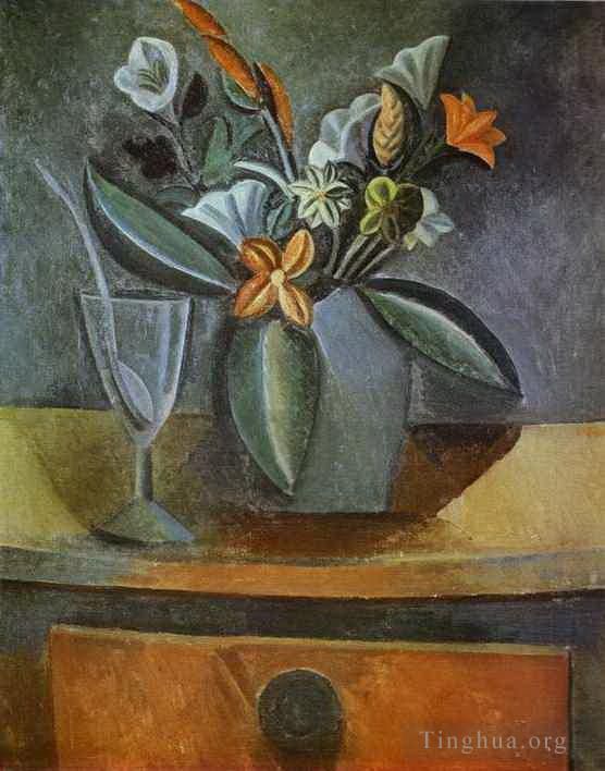 巴勃罗·毕加索 当代各类绘画作品 -  《灰色壶中的花朵和带勺子的酒杯,1908》