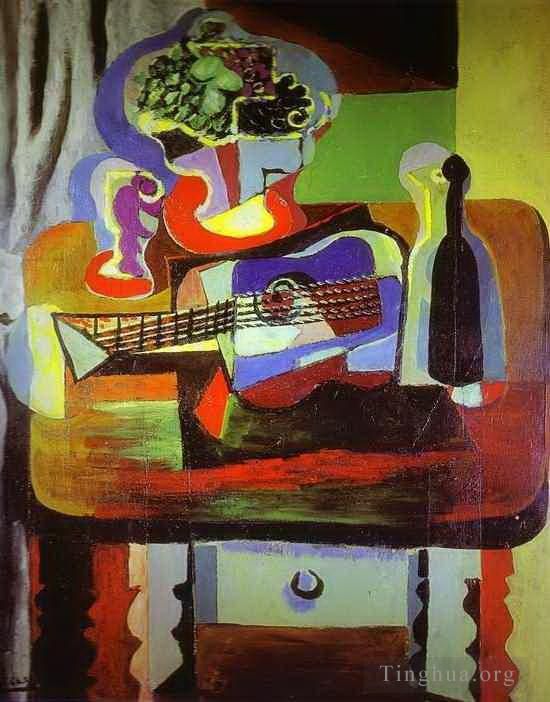 巴勃罗·毕加索 当代各类绘画作品 -  《桌子上放着水果和玻璃的吉他瓶碗,1919,年》