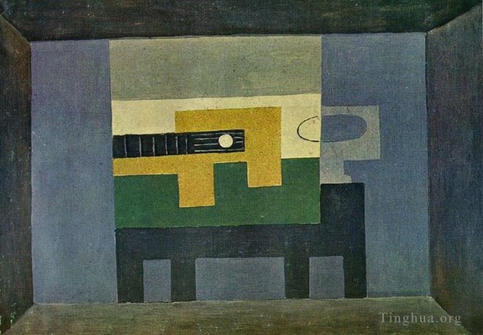 巴勃罗·毕加索 当代各类绘画作品 -  《桌子上的吉他和拐杖,1918》