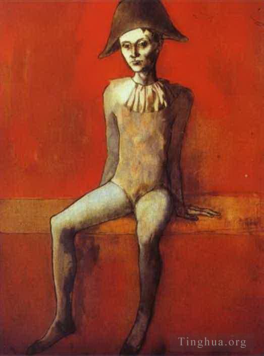 巴勃罗·毕加索 当代各类绘画作品 -  《坐在红色沙发上的丑角,1905》