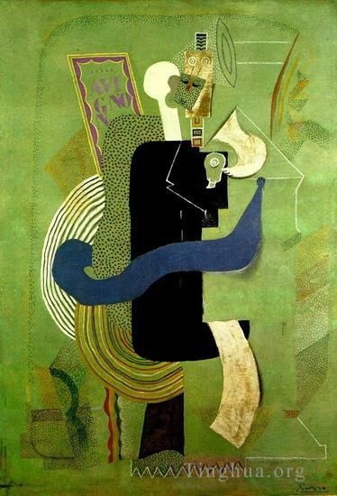 巴勃罗·毕加索 当代各类绘画作品 -  《Homme,assis,au,verre,Femme,et,homme,1914》
