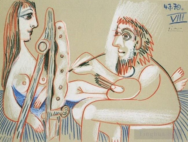 巴勃罗·毕加索 当代各类绘画作品 -  《画家与儿子模型,1970》