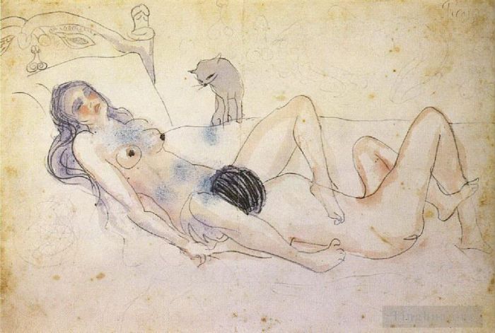 巴勃罗·毕加索 当代各类绘画作品 -  《男人和女人带着猫,Homme,et,femme,avec,un,chat,1902》