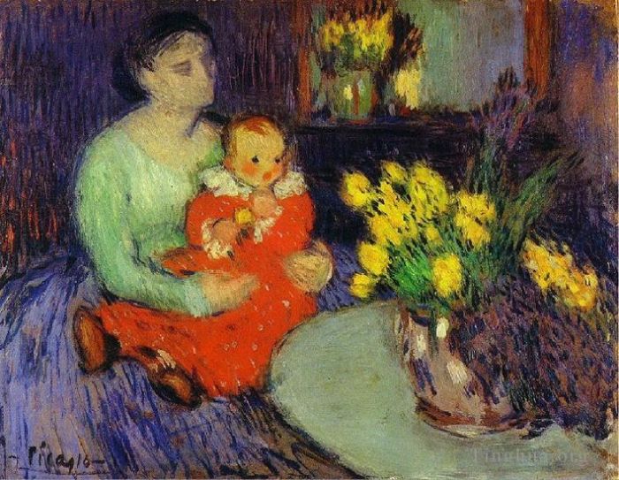 巴勃罗·毕加索 当代各类绘画作品 -  《Mere,et,enfant,devant,un,vase,de,fleurs,1901》