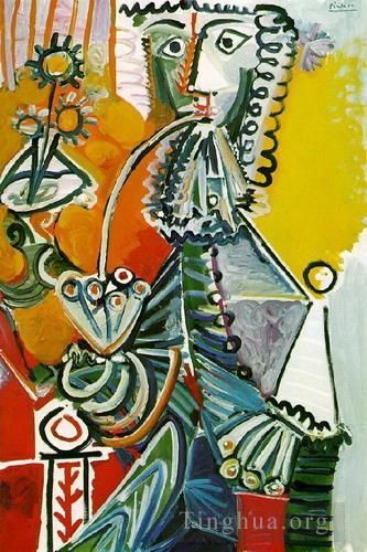 巴勃罗·毕加索 当代各类绘画作品 -  《烟斗与花朵的火枪手,1968》