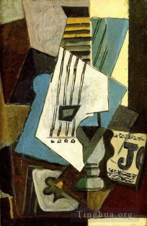 巴勃罗·毕加索的当代艺术作品《Nature,morte,吉他杂志,verre,et,as,de,trefle,1914》