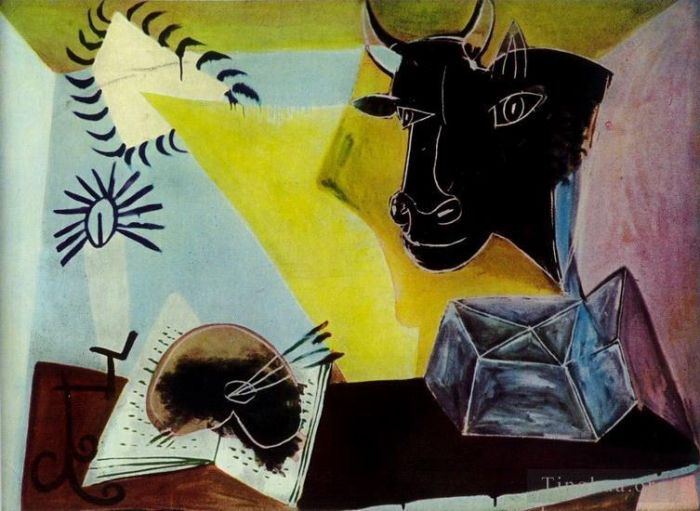 巴勃罗·毕加索 当代各类绘画作品 -  《Nature,morte,a,la,Tete,de,taureau,noir,1938》