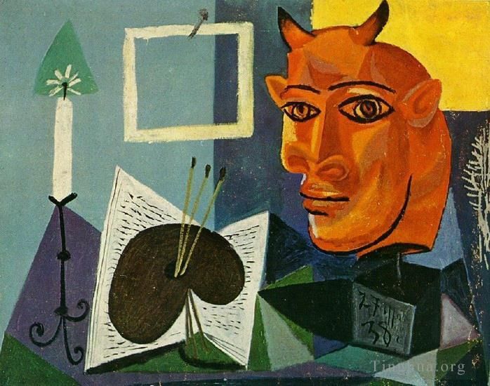 巴勃罗·毕加索 当代各类绘画作品 -  《Nature,morte,a,la,bougie,Palette,et,Tete,de,Minotaure,rouge,1938》