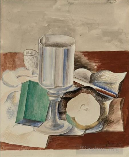 巴勃罗·毕加索 当代各类绘画作品 -  《Nature,morte,au,verre,et,a,la,pomme,1914,年》
