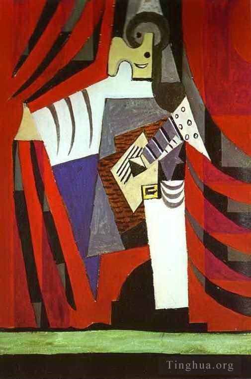 巴勃罗·毕加索 当代各类绘画作品 -  《Policinelle,与吉他在舞台幕前,1919》