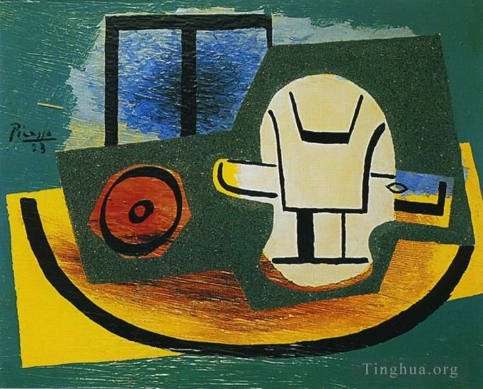 巴勃罗·毕加索 当代各类绘画作品 -  《Pomme,et,verre,devant,une,fenetre,1923》