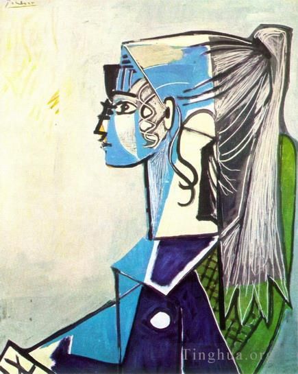 巴勃罗·毕加索 当代各类绘画作品 -  《西尔维特·大卫肖像,2au,fauteuil,vert,1954》