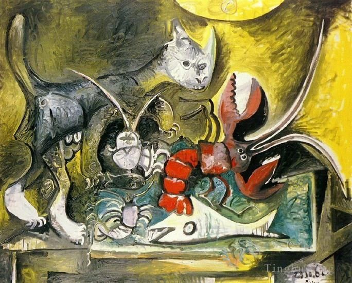 巴勃罗·毕加索 当代各类绘画作品 -  《有猫和龙虾的静物,1962》