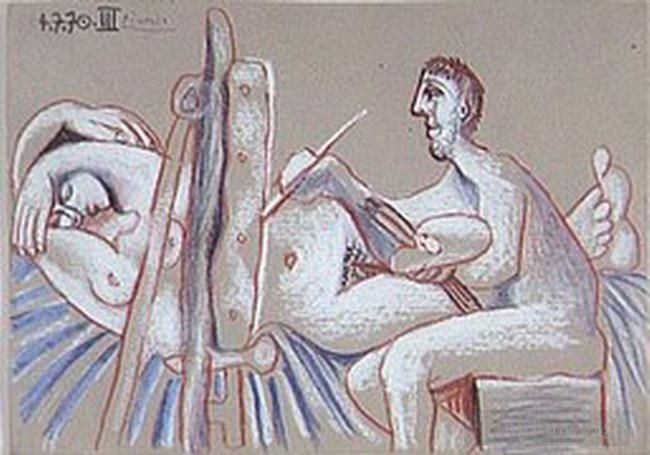 巴勃罗·毕加索 当代各类绘画作品 -  《艺术家和他的模特,L,艺术家和儿子模特,1970》