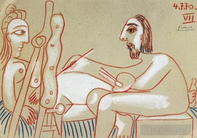 巴勃罗·毕加索 当代各类绘画作品 -  《艺术家和他的模特,L,艺术家和儿子模特,3,1970》