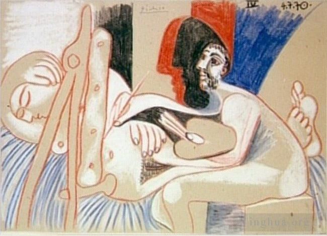 巴勃罗·毕加索 当代各类绘画作品 -  《艺术家和他的模特,L,艺术家和儿子模特,7,1970》