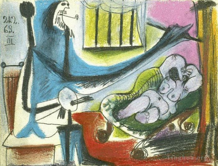巴勃罗·毕加索 当代各类绘画作品 -  《艺术家和他的模特工作室,II,L,Artiste,et,son,modele,II,1963》