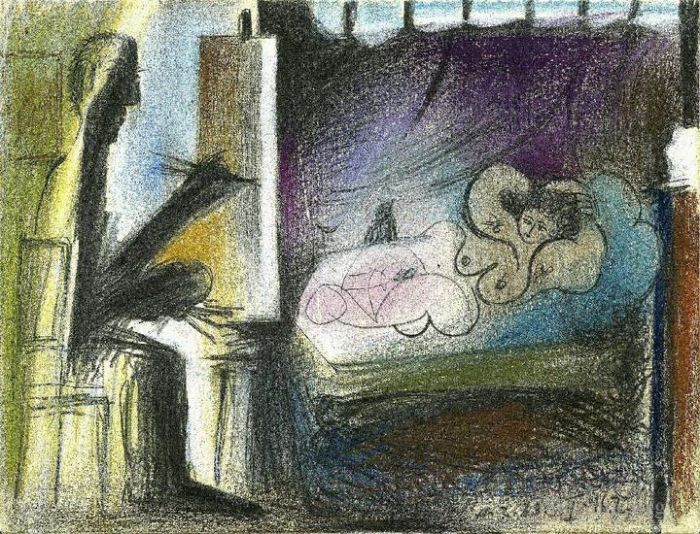 巴勃罗·毕加索 当代各类绘画作品 -  《艺术家和他的模特工作室,L,Artiste,et,son,modele,I,1963》