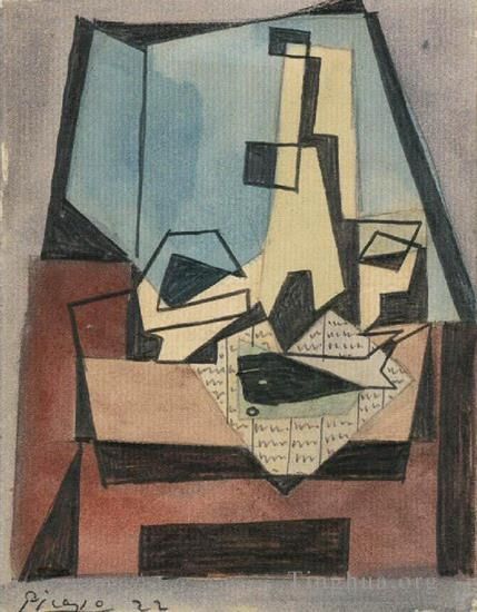 巴勃罗·毕加索 当代各类绘画作品 -  《1922,年《联合国杂志》上的,Verre,Boutille,Poisson》