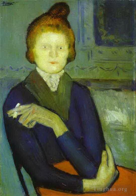 巴勃罗·毕加索 当代各类绘画作品 -  《叼着烟的女人,1901》