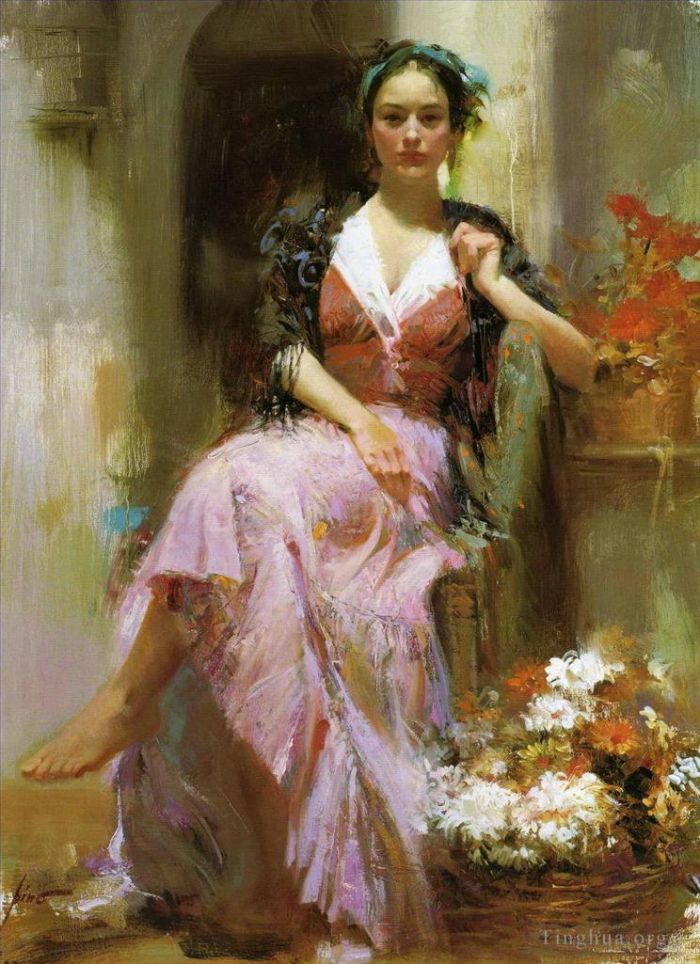 皮诺·德埃尼 当代油画作品 -  《皮诺·德埃尼女士和鲜花》