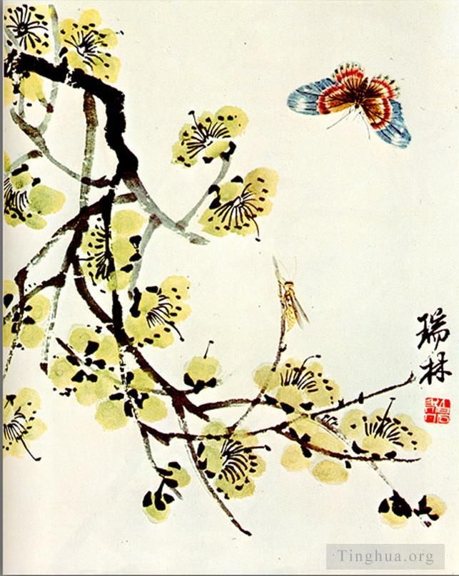 齐白石 当代书法国画作品 -  《蝴蝶和李子花开》