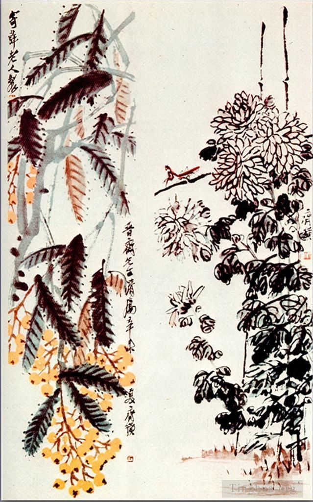 齐白石 当代书法国画作品 -  《菊花与琵琶》