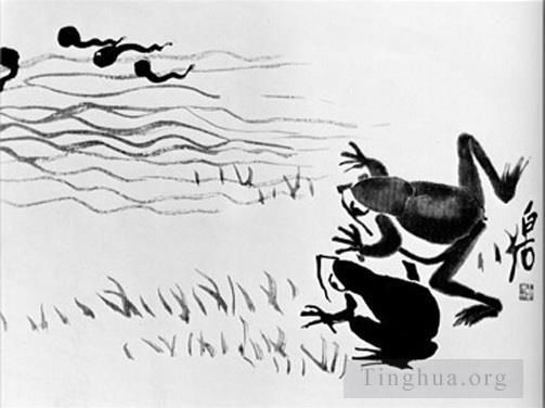 齐白石 当代书法国画作品 -  《青蛙与蝌蚪》