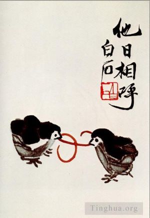 齐白石的当代艺术作品《小鸡争虫》