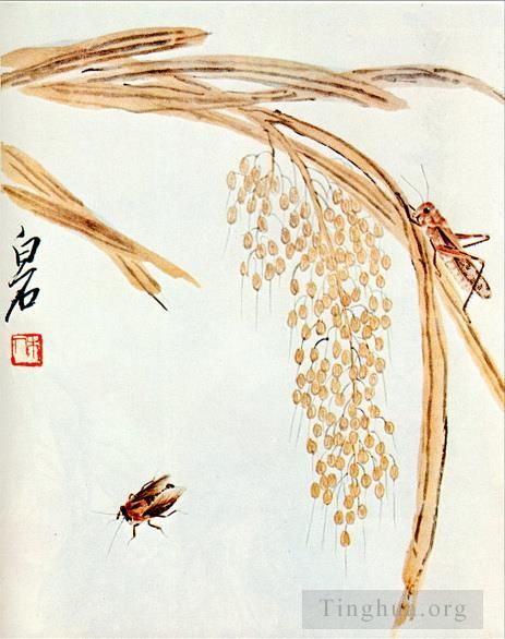 齐白石 当代书法国画作品 -  《随风拂动的稻穗与蝗蚱》