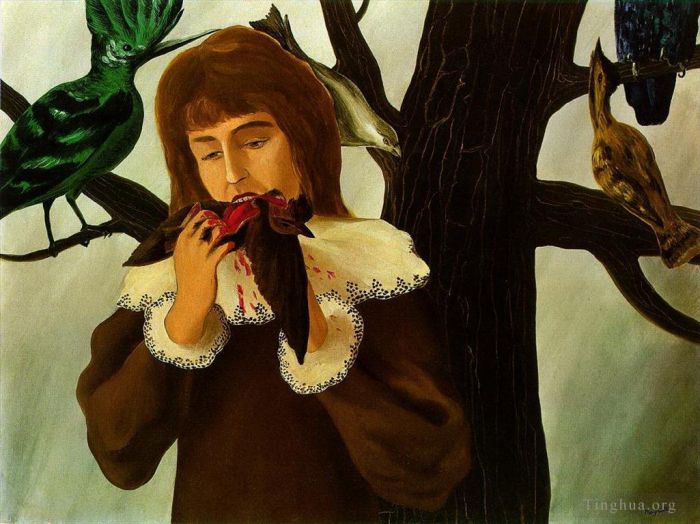 雷内·马格利特 当代油画作品 -  《年轻女孩吃鸟的乐趣,1927》