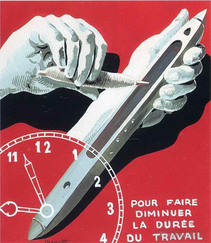 雷内·马格利特作品《1938,年比利时纺织工人中心减少工作时间的海报项目》
